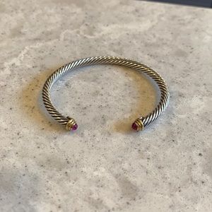 David Yurman Silver 925 & 14k Gold 4mm Cable Pink Tourmaline Cuff Bracelet